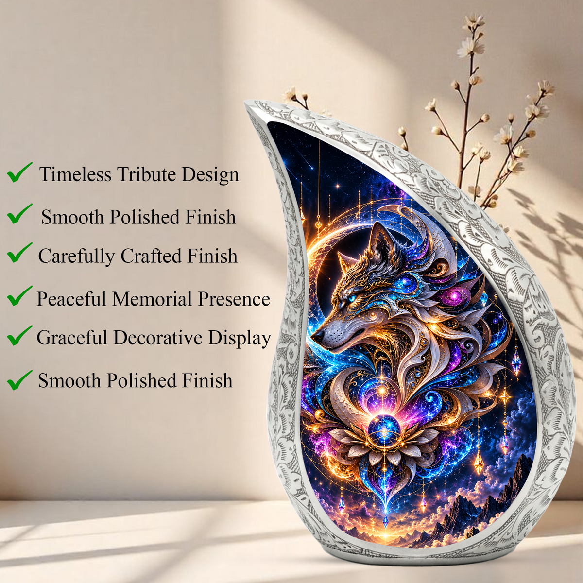 Celestial Wolf Cremation Urn for Ashes, Fantasy Animal Adult Memorial Urn