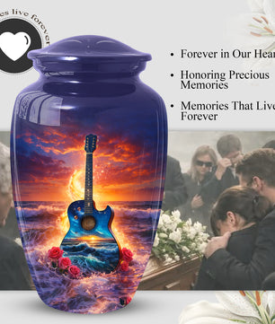Guitar Funeral Urn - Adult Cremation Large Urn for Ashes |Ocean Sunset Memorial Urn
