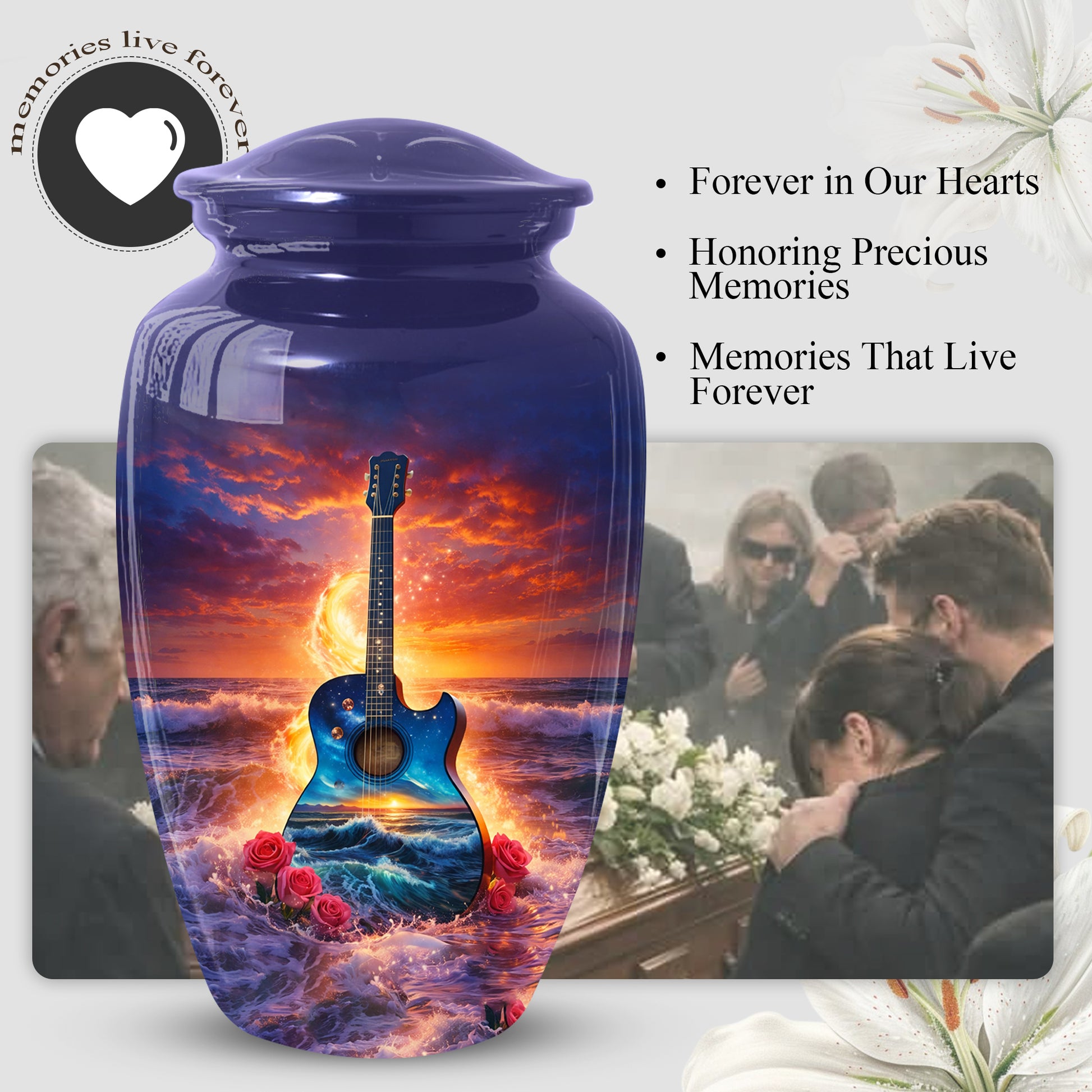Guitar Funeral Urn - Adult Cremation Large Urn for Ashes |Ocean Sunset Memorial Urn