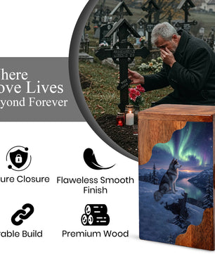 Wolf Wooden Cremation Urn – Northern Lights Memorial Urn | Custom Wooden Urn for Human Ashes