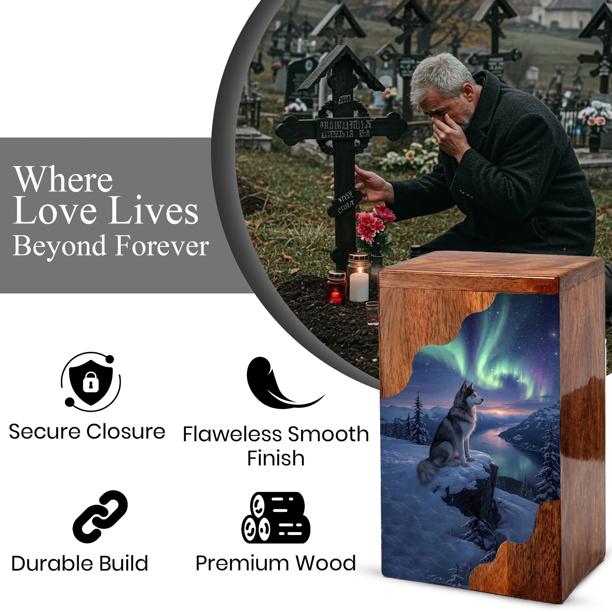 Wolf Wooden Cremation Urn – Northern Lights Memorial Urn | Custom Wooden Urn for Human Ashes