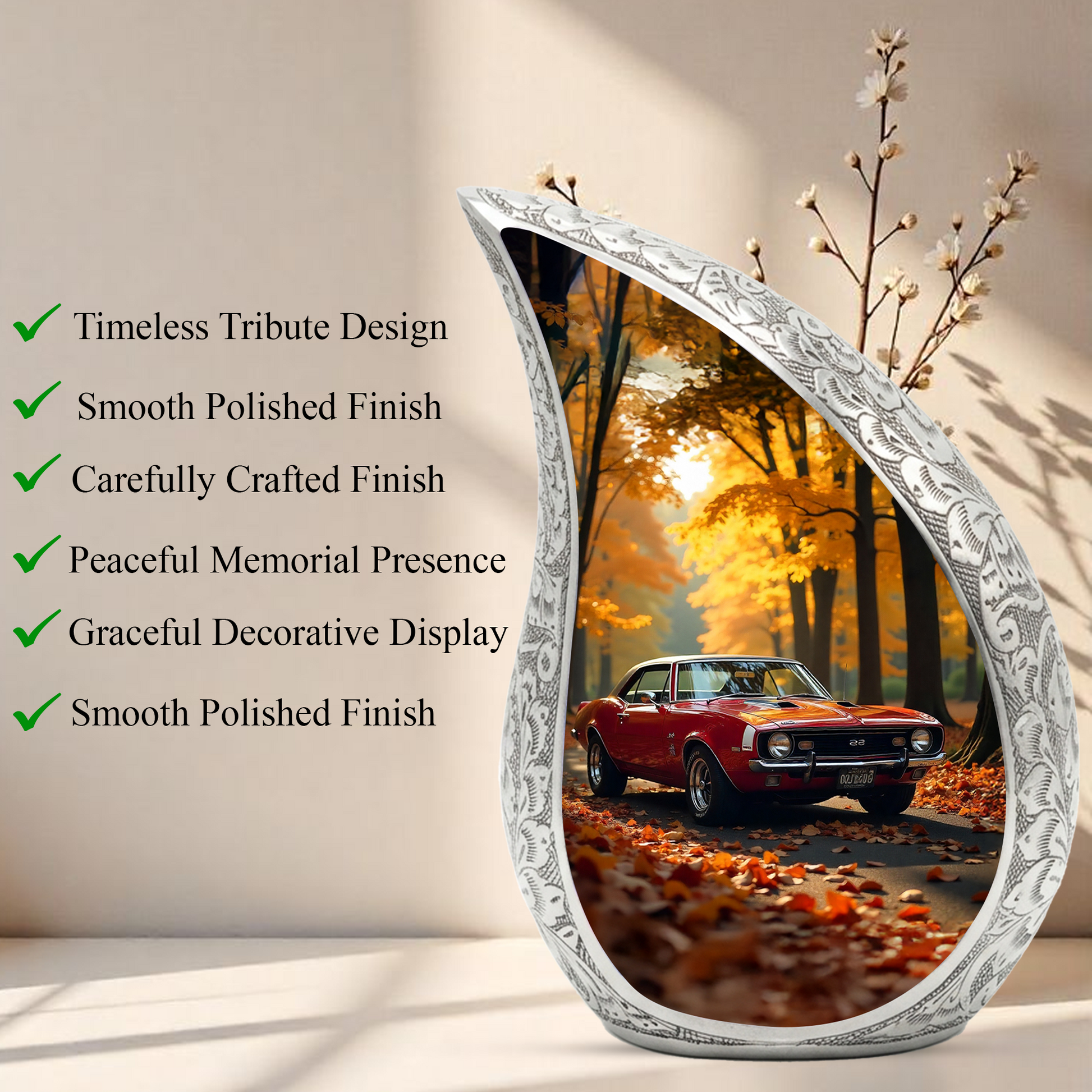 Classic Car Personalized Cremation Urn for Dad – Teardrop Style Aluminum Memorial Urn, 10 Inch