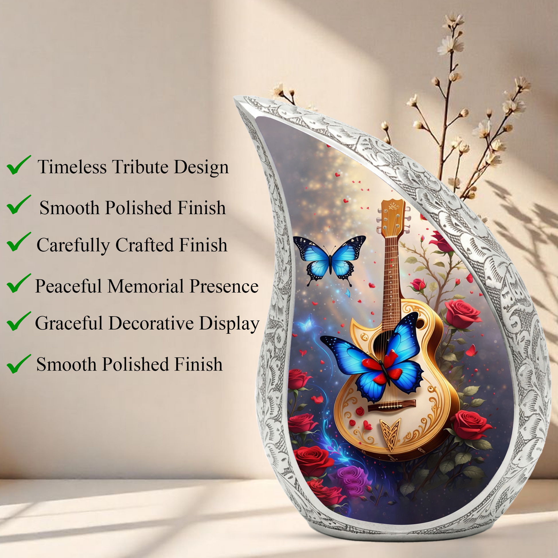 Beautiful Butterfly Guitar Urn for Human Ashes – Premium Butterfly Adult Cremation Urn |