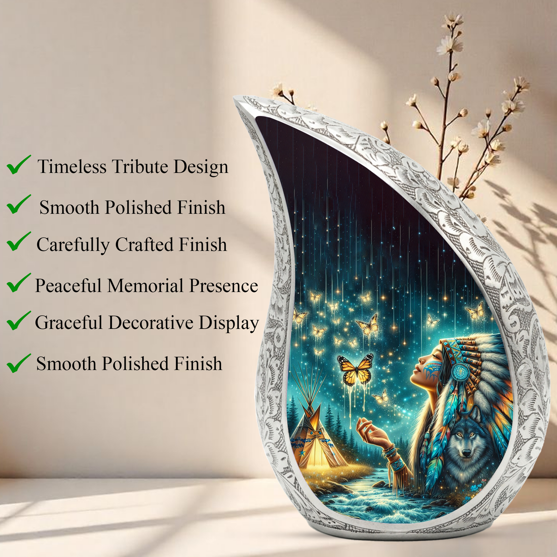 Native American Woman Butterfly Urn for Mom – Personalized Butterfly Cremation Urn for Human Ashes