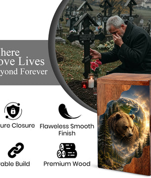 Bear Wooden Cremation Urn – Mountain Memorial Urn for Human Ashes