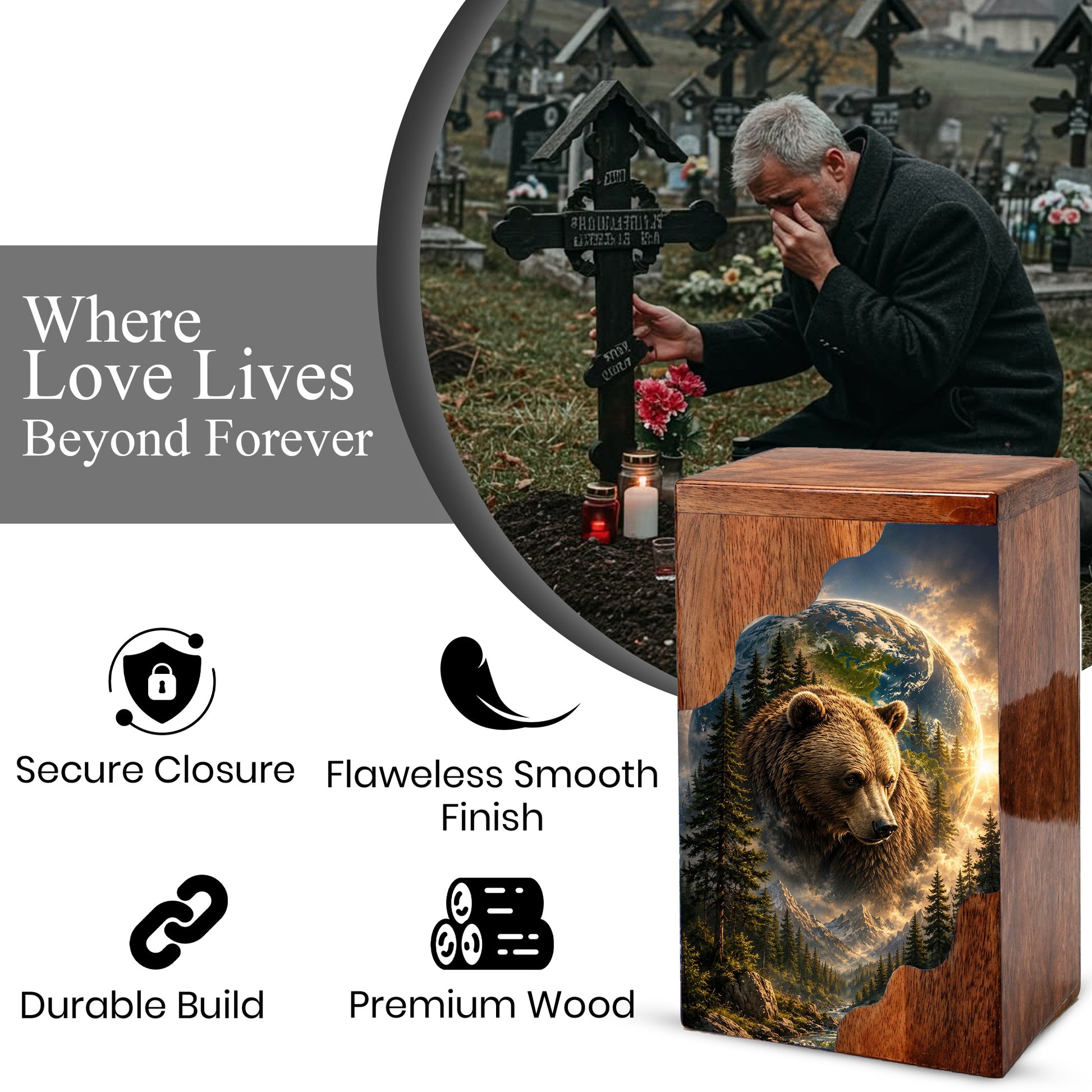 Bear Wooden Cremation Urn – Mountain Memorial Urn for Human Ashes