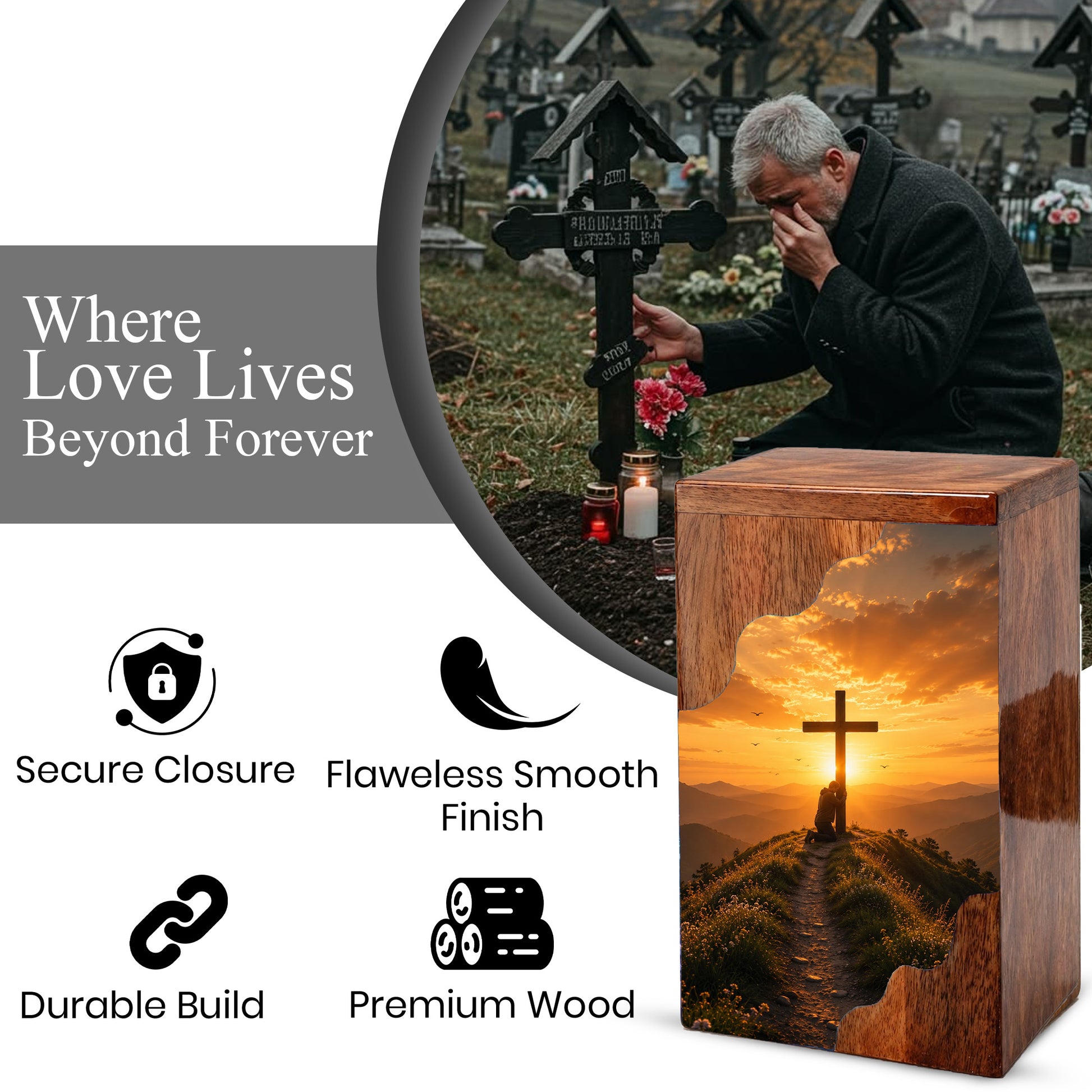 Cross Wooden Cremation Urn – Christian Memorial Urn for Human Ashes