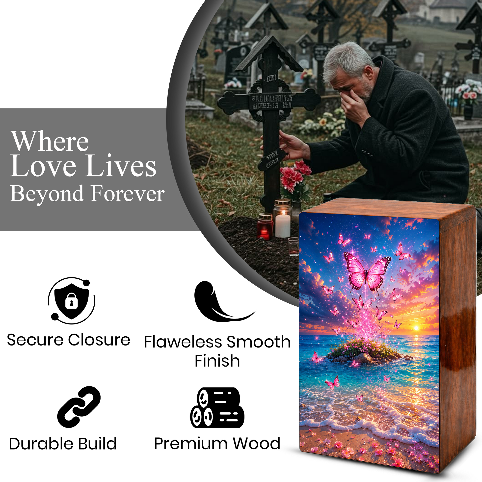 Pink Butterfly Beach Urn For Ashes Women - Nature Scene Cremation Urns With Butterflies