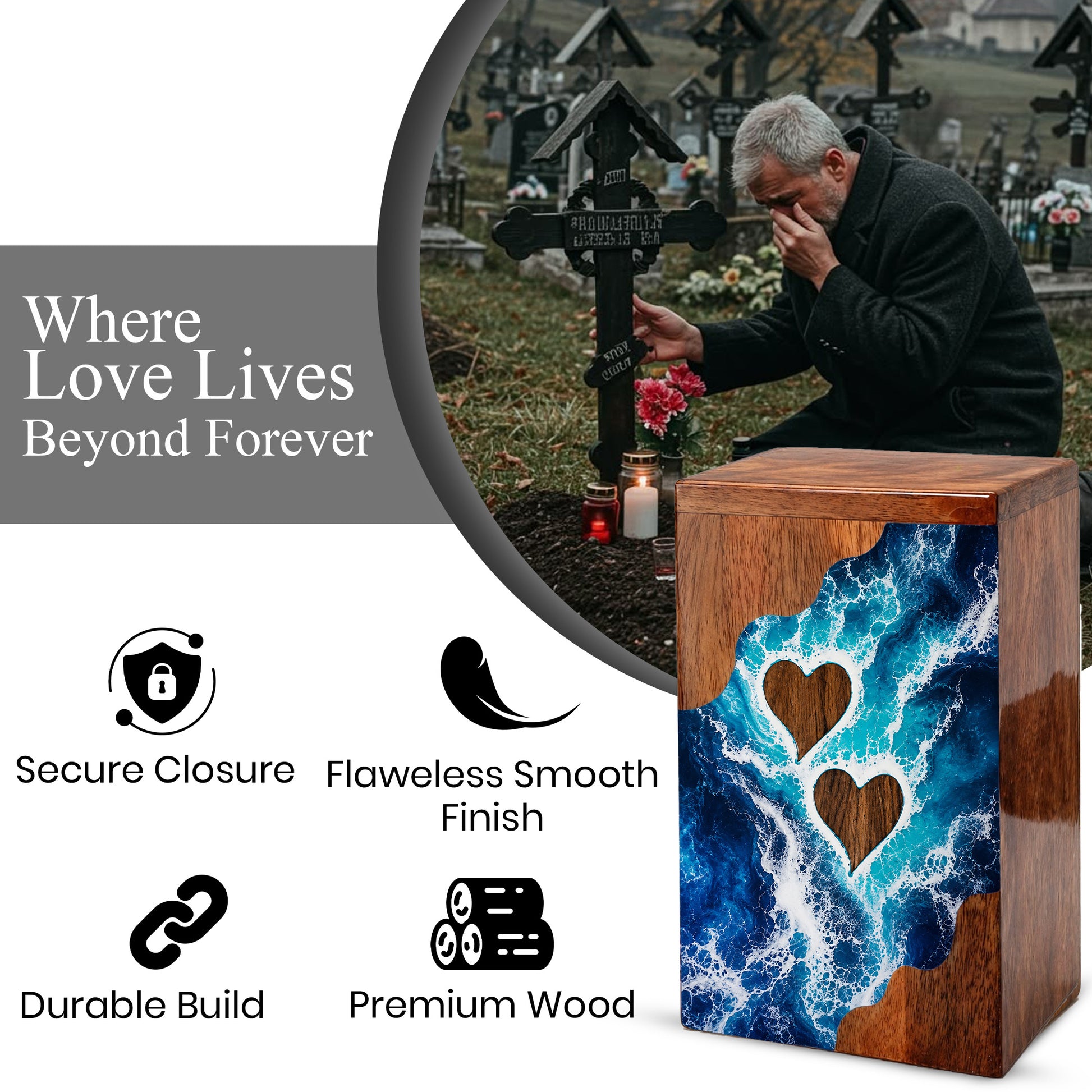 Ocean Heart Wooden Cremation Urn – Wooden Urn for Human Ashes