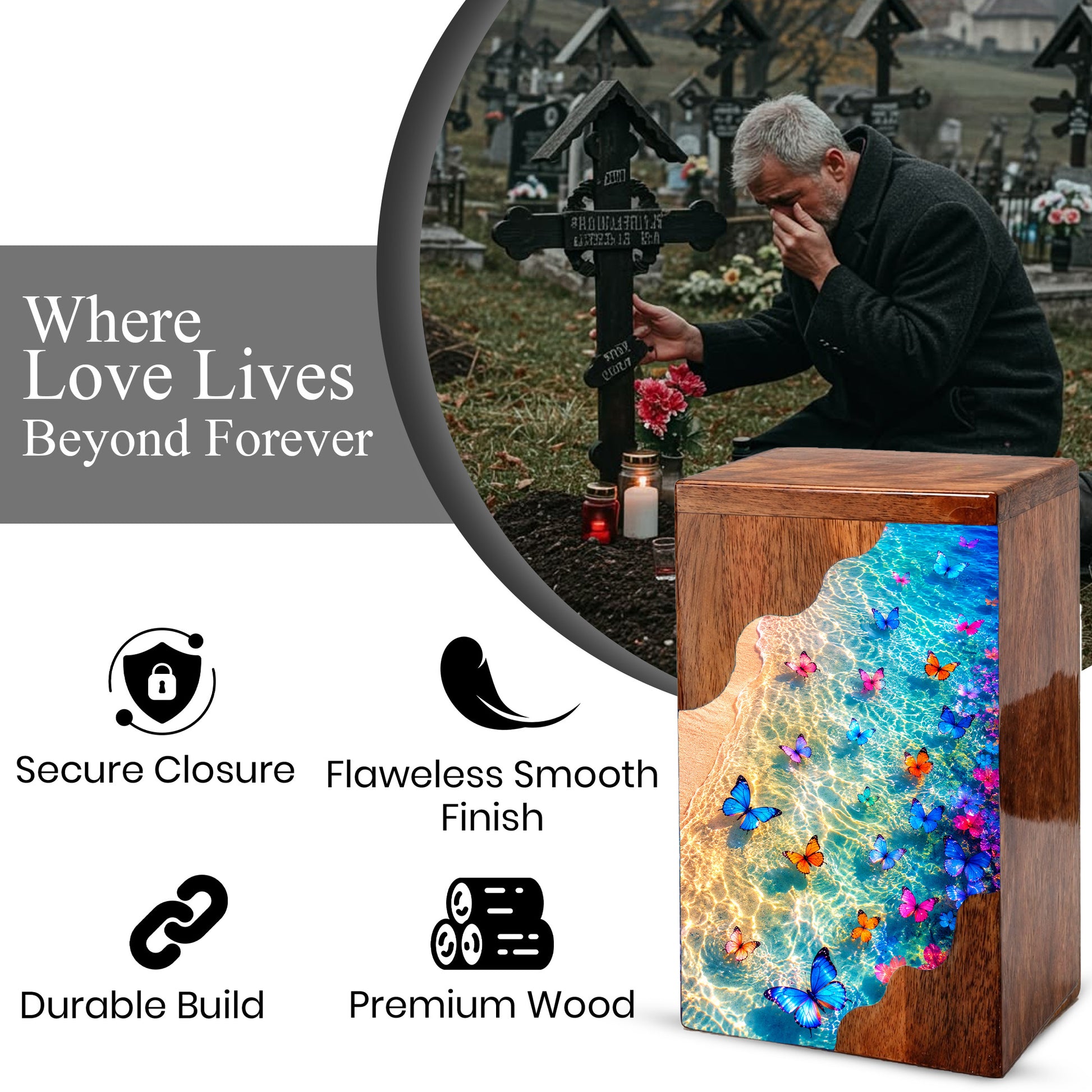 Butterfly Beach Wooden Cremation Urn – Ocean Memorial Urn for Mom