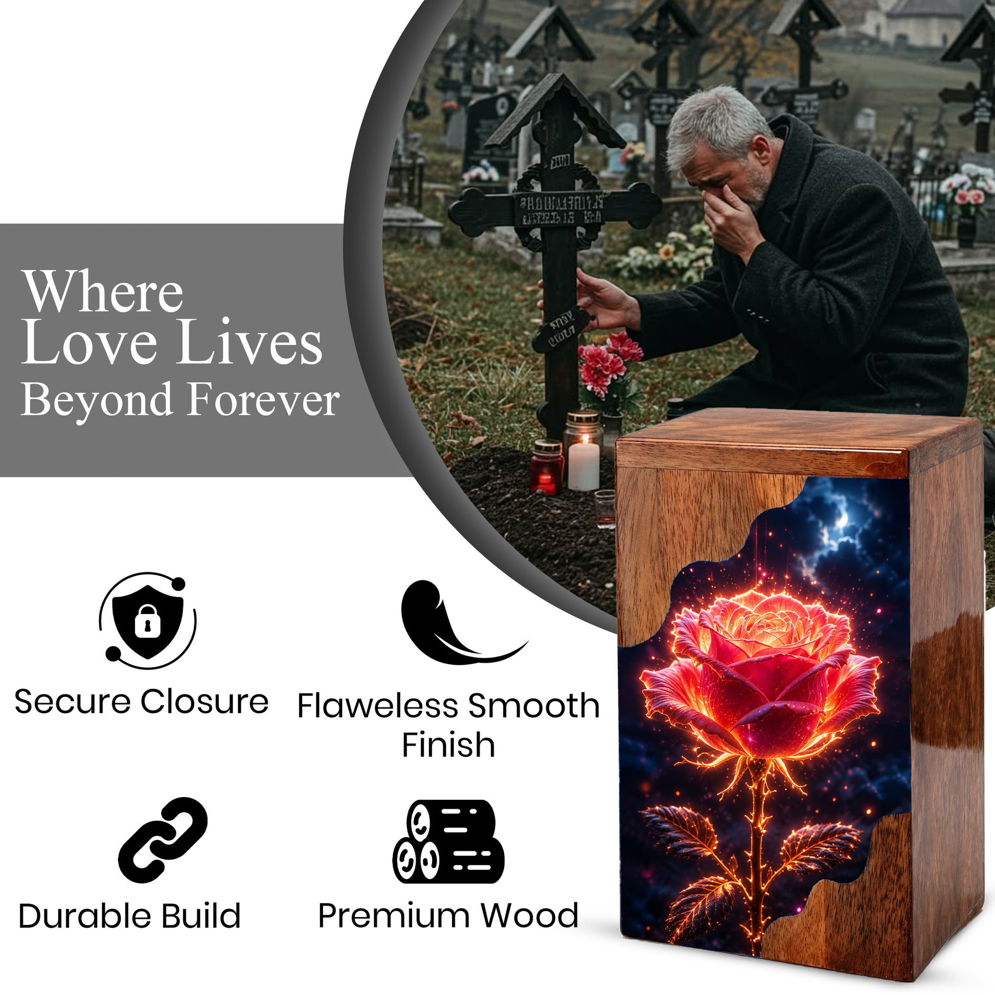 Rose Wooden Cremation Urn for Mom – Custom Memorial Wooden Urn for Human Ashes