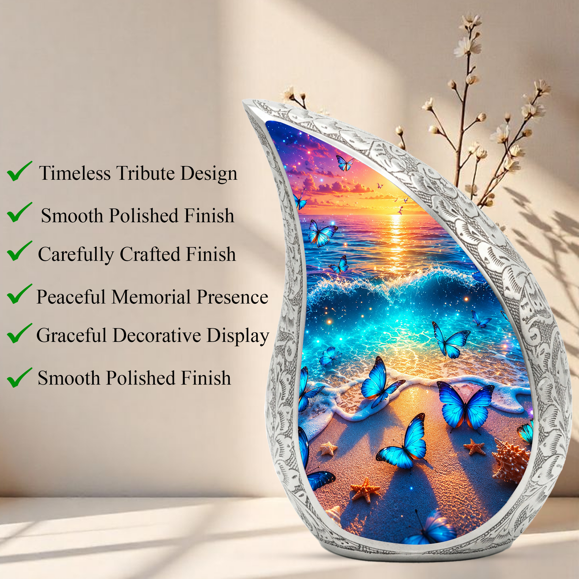 Butterfly Beach Urn for Human Ashes | Ocean Sunset Adult Cremation Urn | Beautiful Memorial Urn