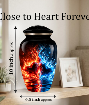 Red and Blue Heart Cremation Urn for Adult Ashes, Personalized Memorial Urn with Fire and Water Design