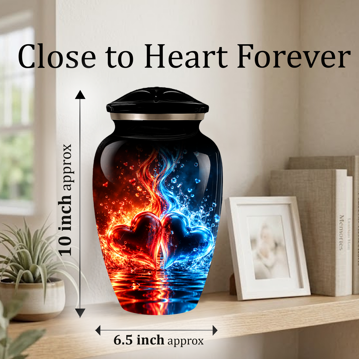 Red and Blue Heart Cremation Urn for Adult Ashes, Personalized Memorial Urn with Fire and Water Design