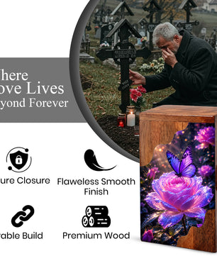 Purple Butterfly Rose Wooden Cremation Urn – Wooden Urn for Human Ashes