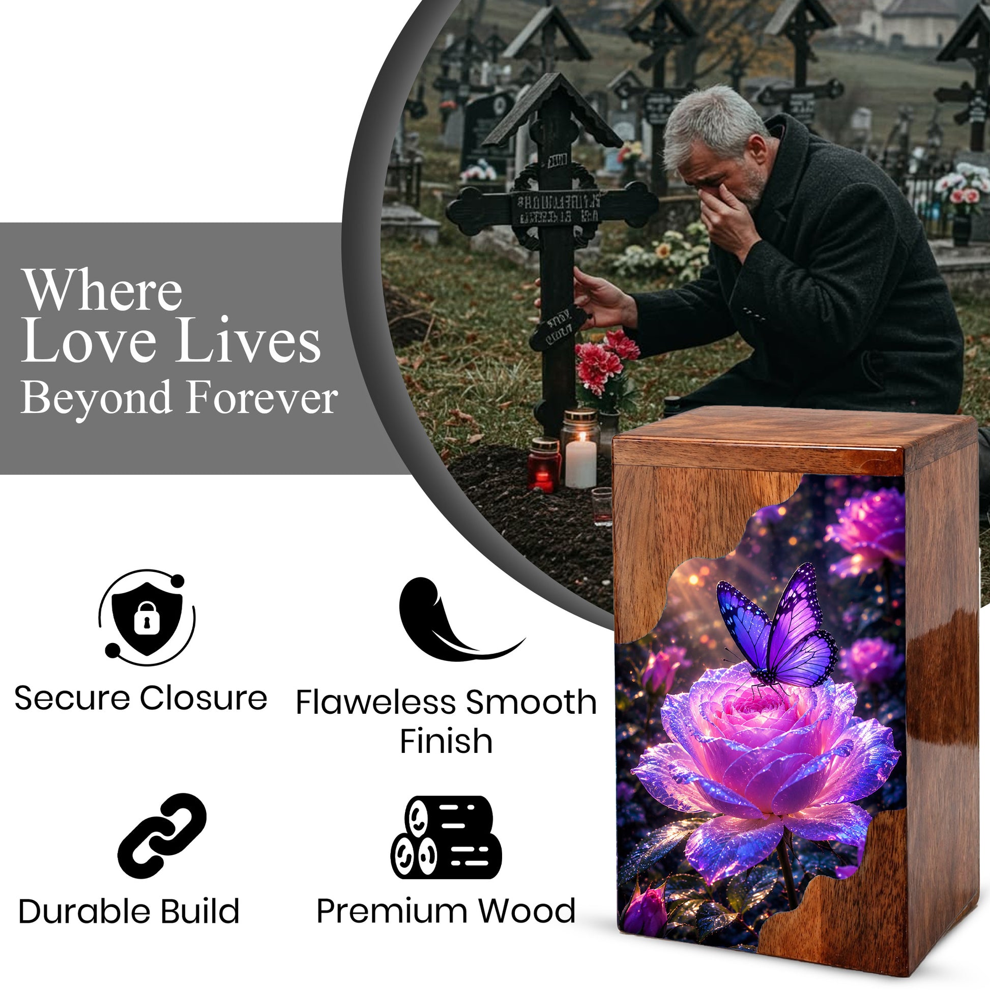 Purple Butterfly Rose Wooden Cremation Urn – Wooden Urn for Human Ashes