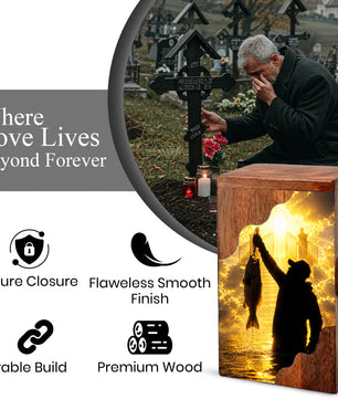 Fishing in Heaven Wooden Cremation Urn – Gone Fishing Memorial Urn for Human Ashes