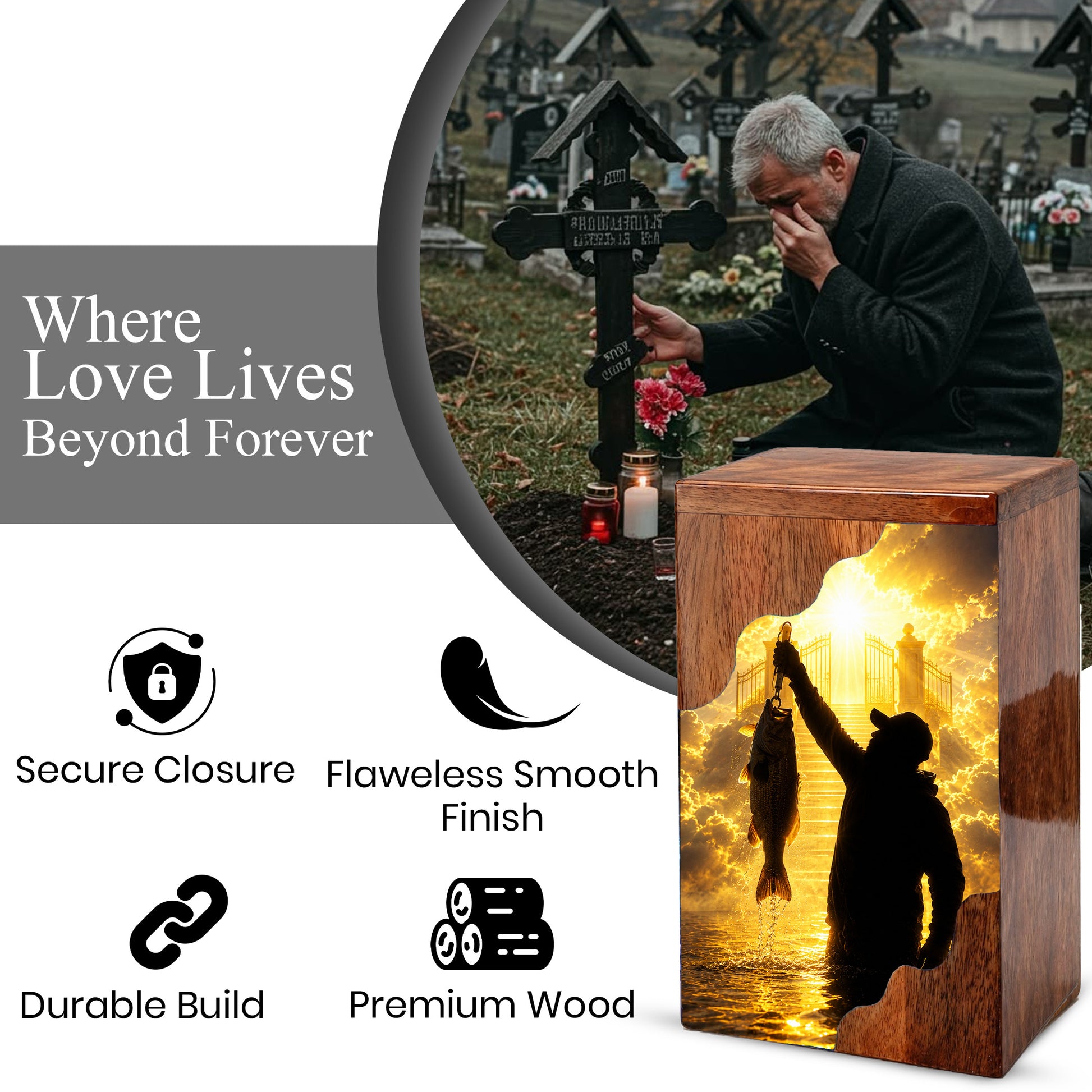 Fishing in Heaven Wooden Cremation Urn – Gone Fishing Memorial Urn for Human Ashes