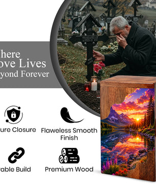 Sunset Wooden Cremation Urn – Mountain Lake Memorial Urn for Human Ashes