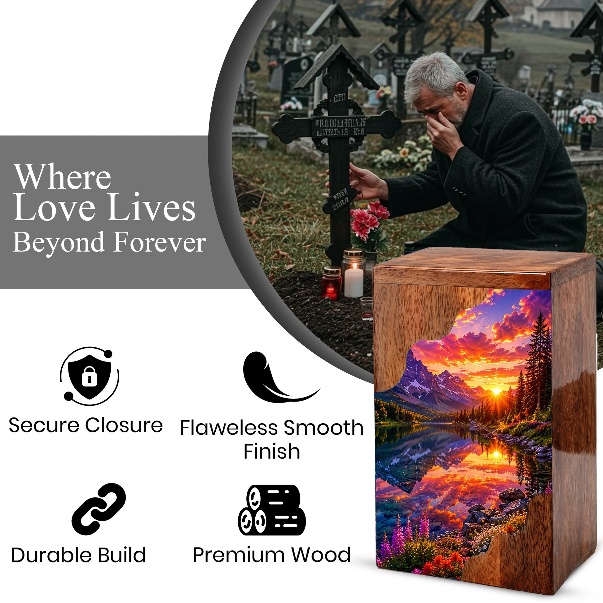 Sunset Wooden Cremation Urn – Mountain Lake Memorial Urn for Human Ashes