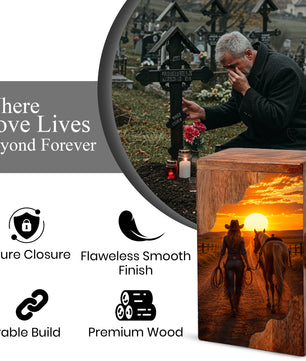 Western Wooden Cremation Urn – Cowboy Memorial Urn for Ashes | Sunset Horse Memorial Urn