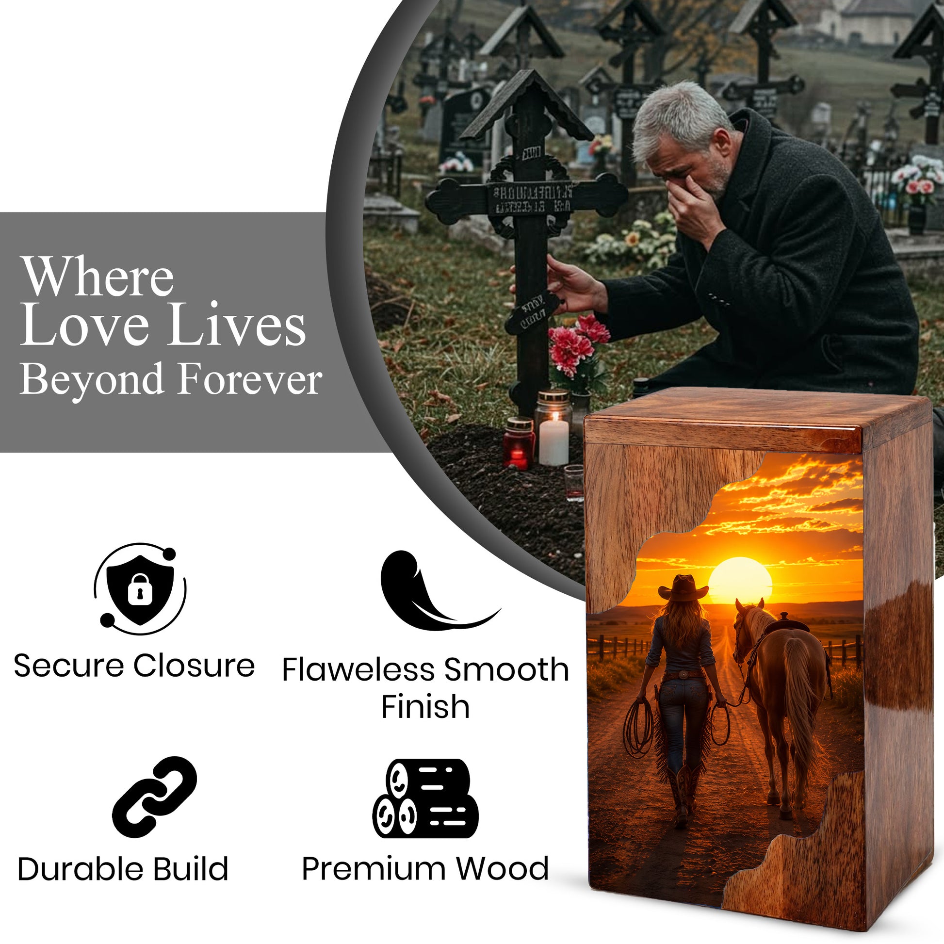 Western Wooden Cremation Urn – Cowboy Memorial Urn for Ashes | Sunset Horse Memorial Urn