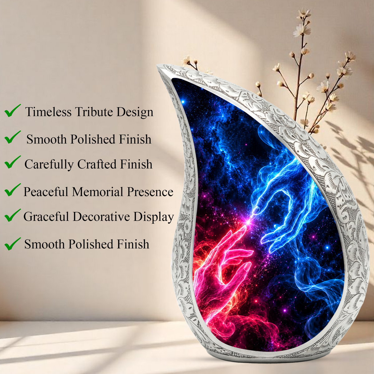 Cosmic Connection Cremation Urn for Ashes, Celestial Hands Adult Memorial Urn
