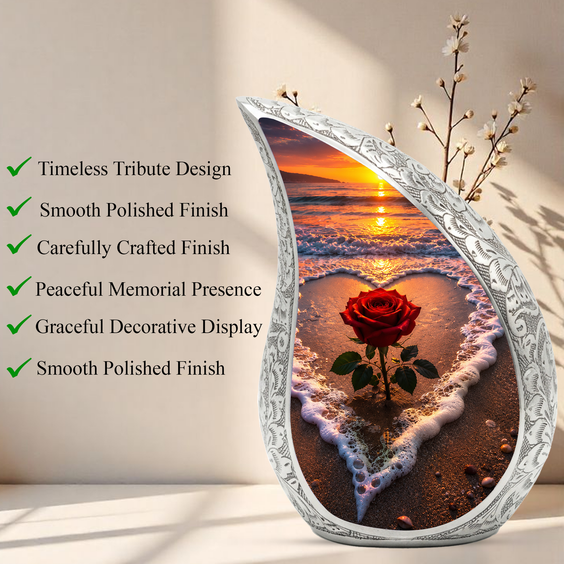 Beach Rose Cremation Urn for Human Ashes | Ocean Sunset Beach Themed Memorial Urn