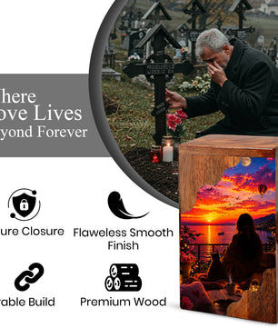 Sunset Balcony Wooden Cremation Urn – Peaceful Evening Memorial Urn with Ocean View Artwork