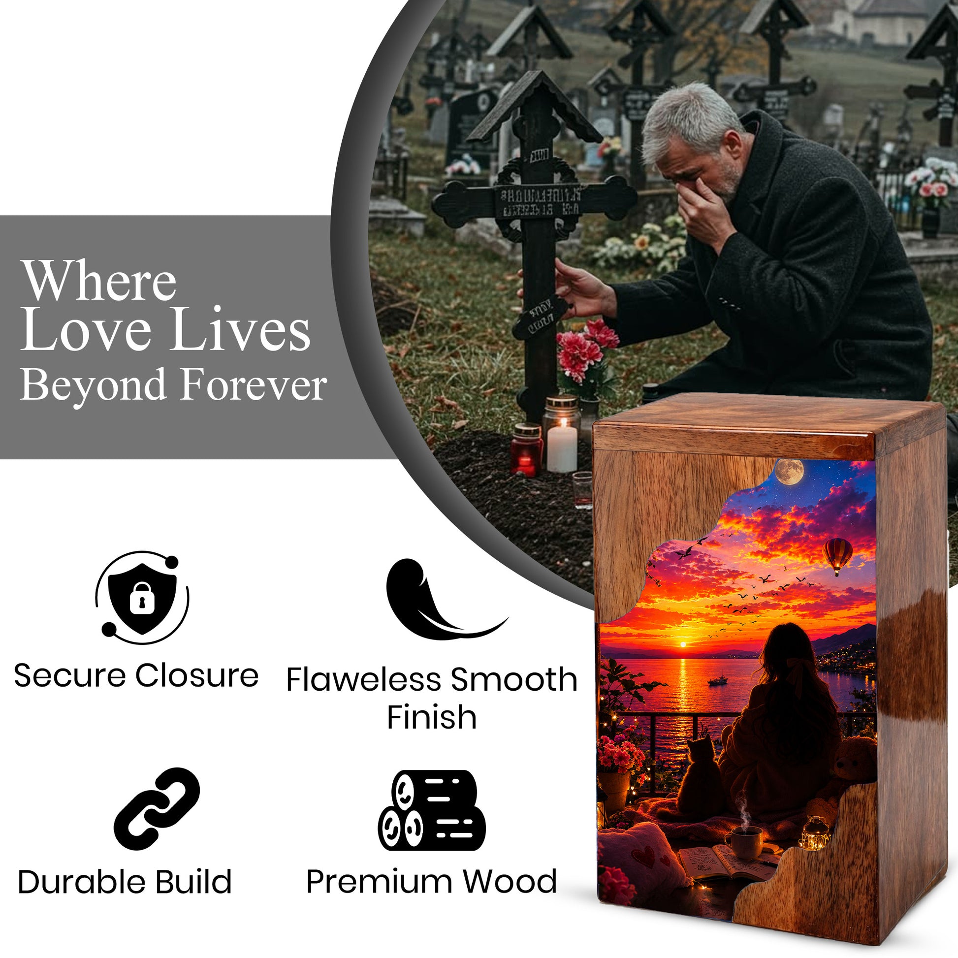 Sunset Balcony Wooden Cremation Urn – Peaceful Evening Memorial Urn with Ocean View Artwork