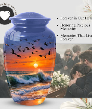 Ocean Sunset Urn for Mom | Beach Cremation Large Urn for Mother  | Coastal Funeral Urn for Human Ashes