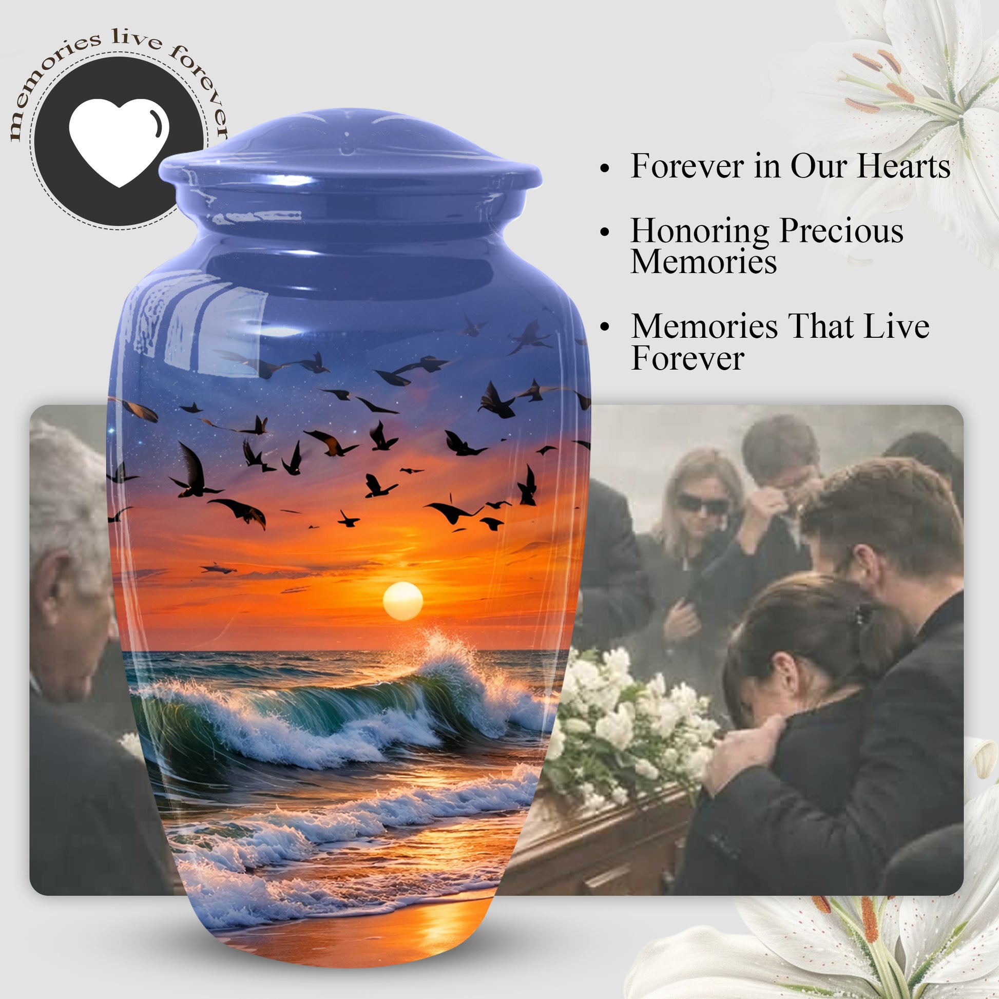Ocean Sunset Urn for Mom | Beach Cremation Large Urn for Mother  | Coastal Funeral Urn for Human Ashes