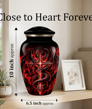 Red Dragon Cremation Urn – Dragon & Cross Adult Memorial Urn for Ashes