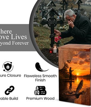 Sunset Fishing Wooden Cremation Urn – Personalized Memorial Urn for Human Ashes