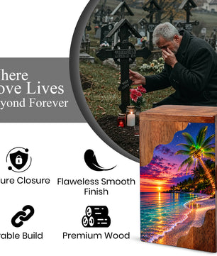 Wooden Beach Urn for Human Ashes | Palm Tree Wooden Cremation Urn | Ocean Sunset Memorial Urn