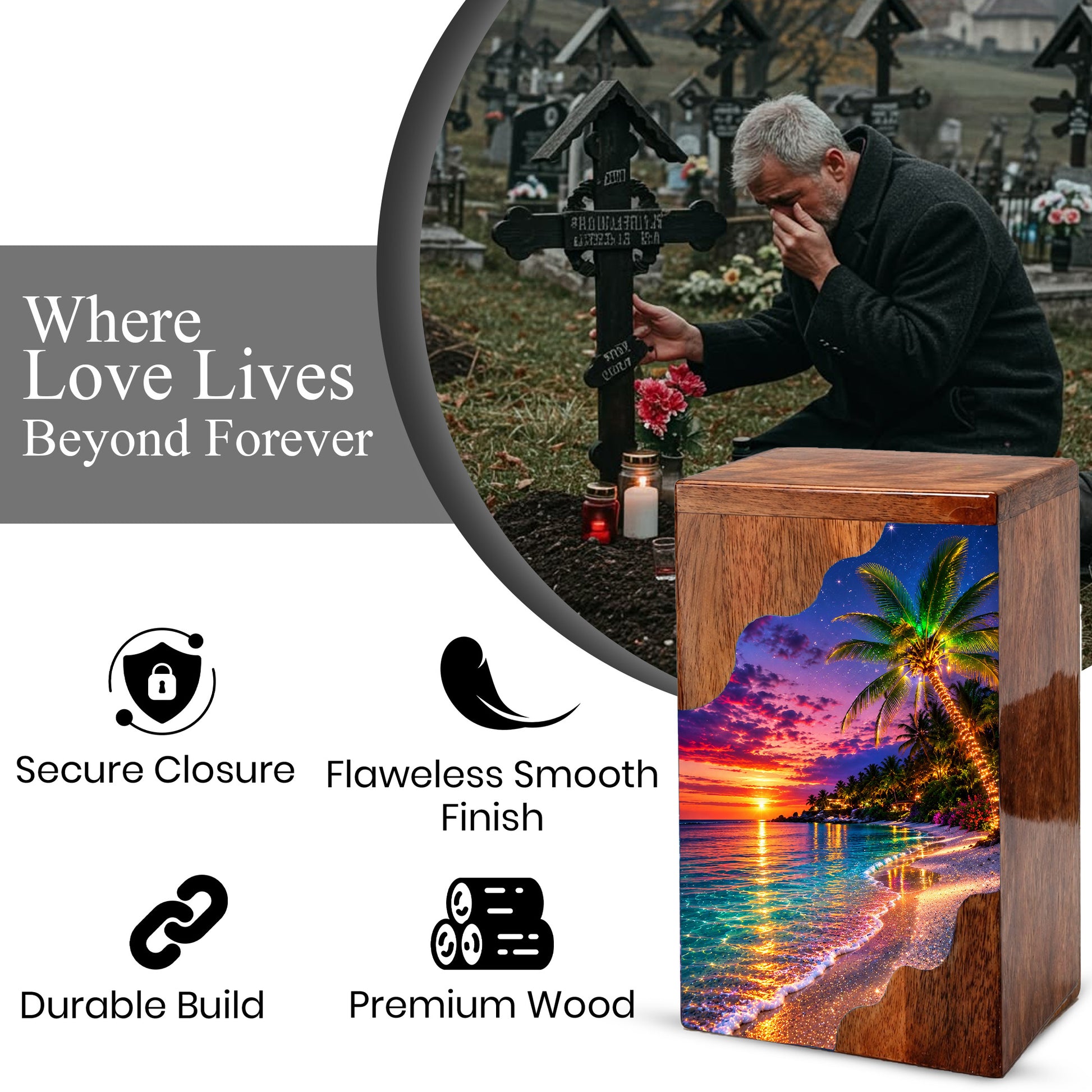 Wooden Beach Urn for Human Ashes | Palm Tree Wooden Cremation Urn | Ocean Sunset Memorial Urn