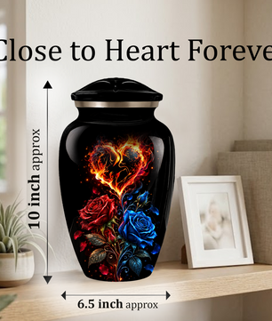 Red & Blue Rose Heart Cremation Urn for Ashes | Personalized Adult Memorial Urn