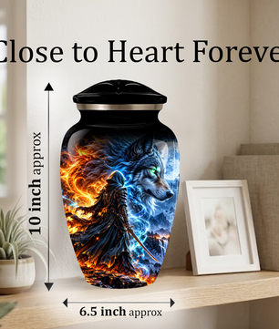 Personalized Adult Cremation Urn for Ashes, Fire and Ice Wolf Warrior Memorial Urn, Custom Aluminum Urn
