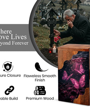 Butterfly Wooden Cremation Urn – Pink Butterfly Memorial Urn for Human Ashes