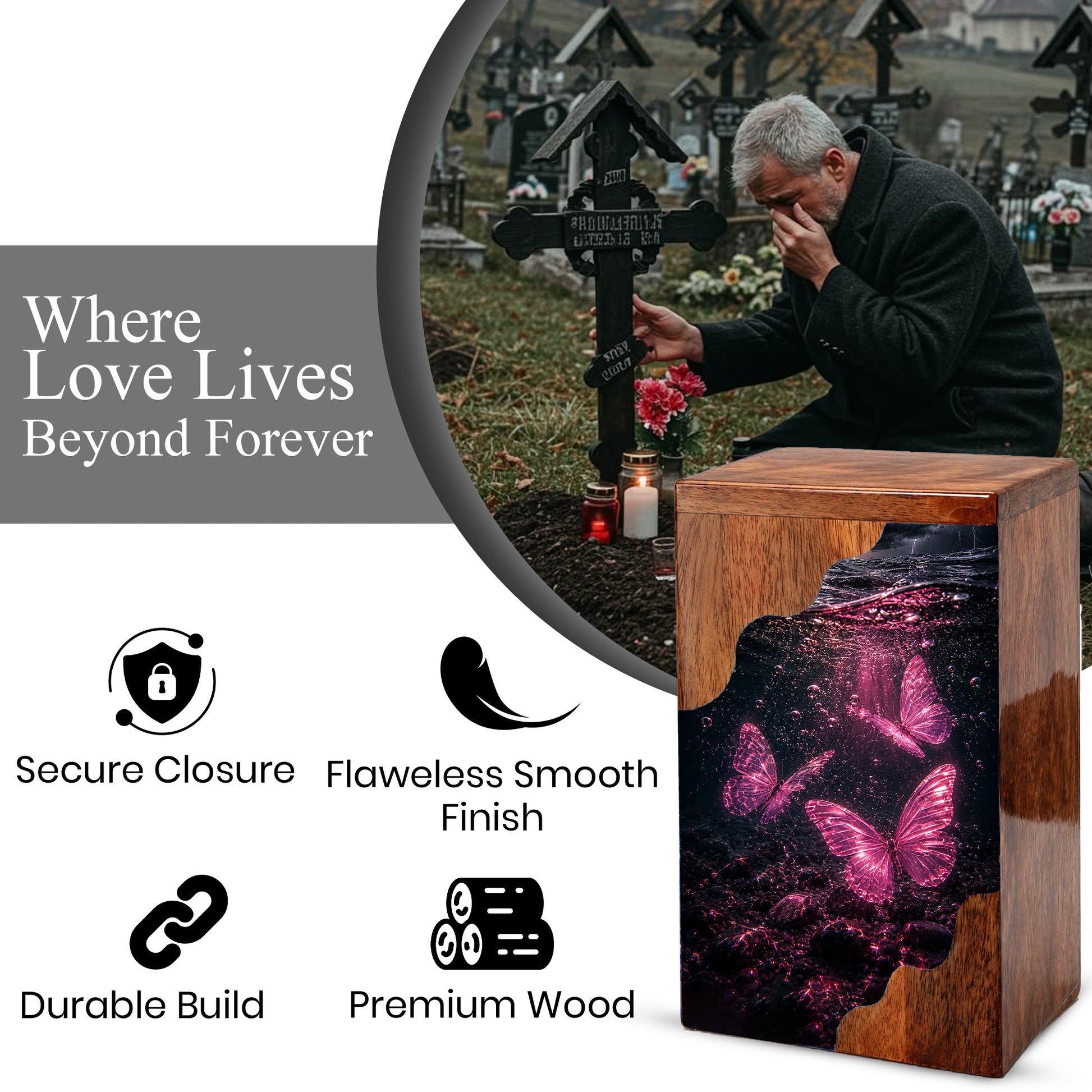 Butterfly Wooden Cremation Urn – Pink Butterfly Memorial Urn for Human Ashes