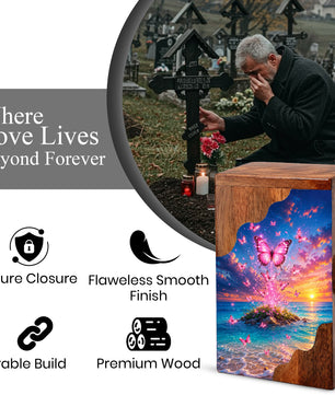 Pink Butterfly Ocean Wooden Cremation Urn – Sunset Memorial Urn for Mom