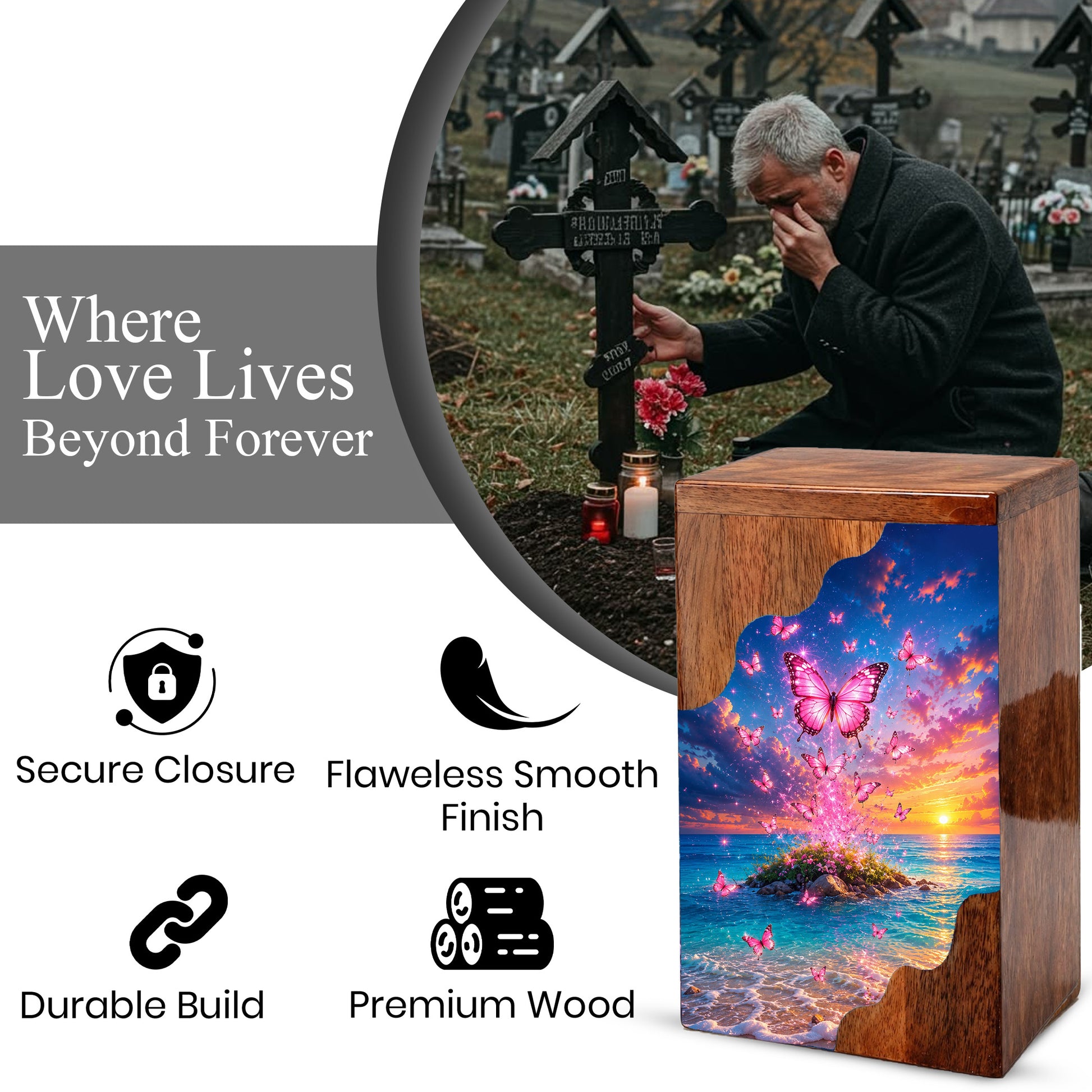 Pink Butterfly Ocean Wooden Cremation Urn – Sunset Memorial Urn for Mom