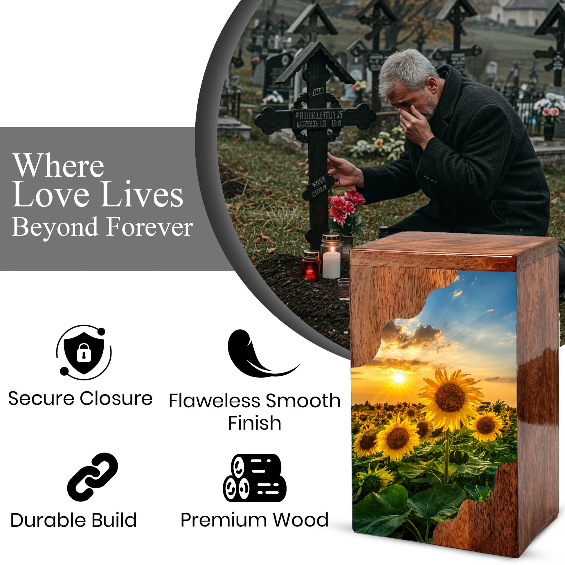 Sunflower Wooden Cremation Urn for Mom | Personalized Urn for Human Ashes