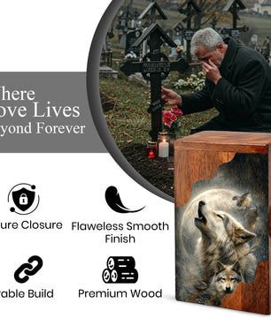 Wolf Cremation Urn for Dad | Wooden Urn for Human Ashes