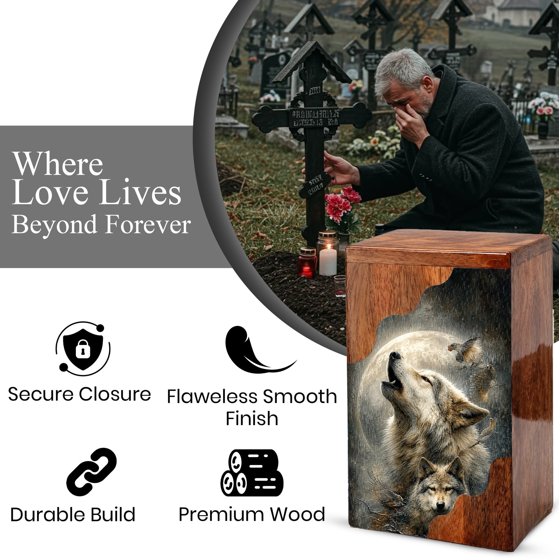 Wolf Cremation Urn for Dad | Wooden Urn for Human Ashes