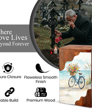 Wooden Cremation Urn – Coastal Bicycle Memorial Urn | Beach Memory Wooden Urn for Ashes