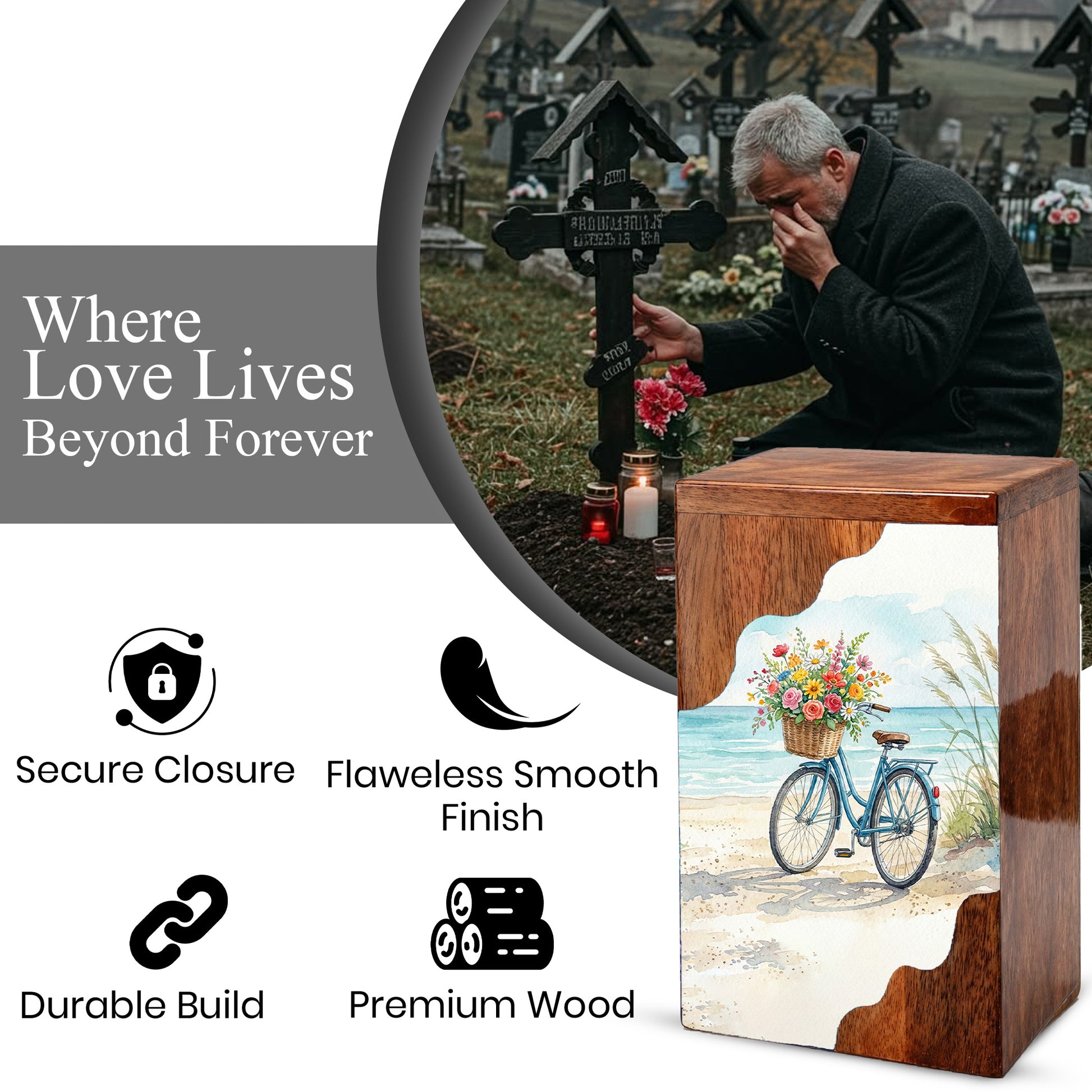 Wooden Cremation Urn – Coastal Bicycle Memorial Urn | Beach Memory Wooden Urn for Ashes