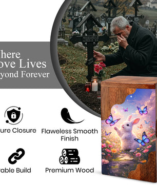 Wooden Cremation Urn – Rabbit Memorial Urn | Butterfly Garden Wooden Urn for Human Ashes