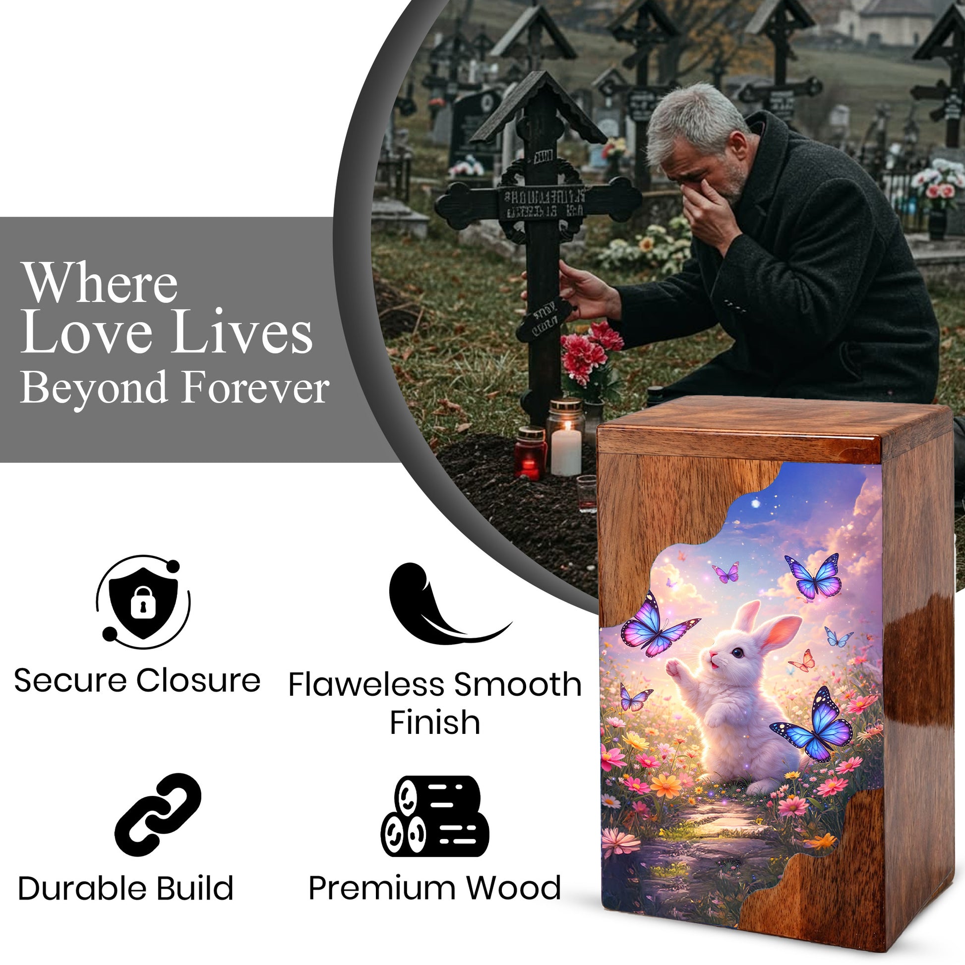 Wooden Cremation Urn – Rabbit Memorial Urn | Butterfly Garden Wooden Urn for Human Ashes