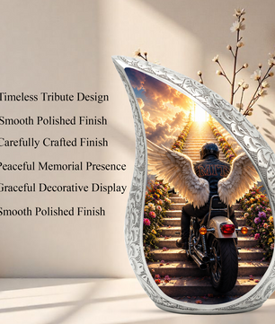 Motorcycle Angel Wings Urn for Dad Ashes | Motorcycle Cremation Urn for Men, Adult Male Memorial Urn for Father,
